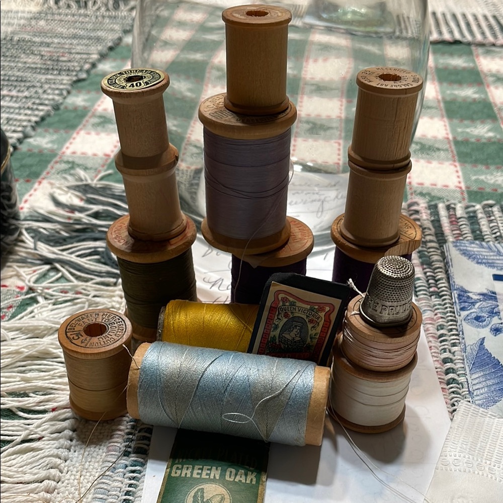 Assorted Sewing Thread Spools with Thimble